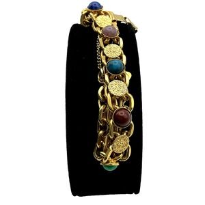 Vintage‎ Gold Tone Imitation Gem Cabochon Charm Safety Chain Bracelet
